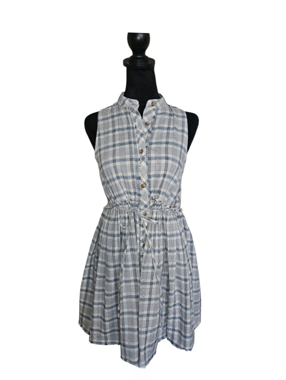 Urban Outfitters 90s Blue and White Plaid Sleeveless Tie-Waist Mini Dress Size S